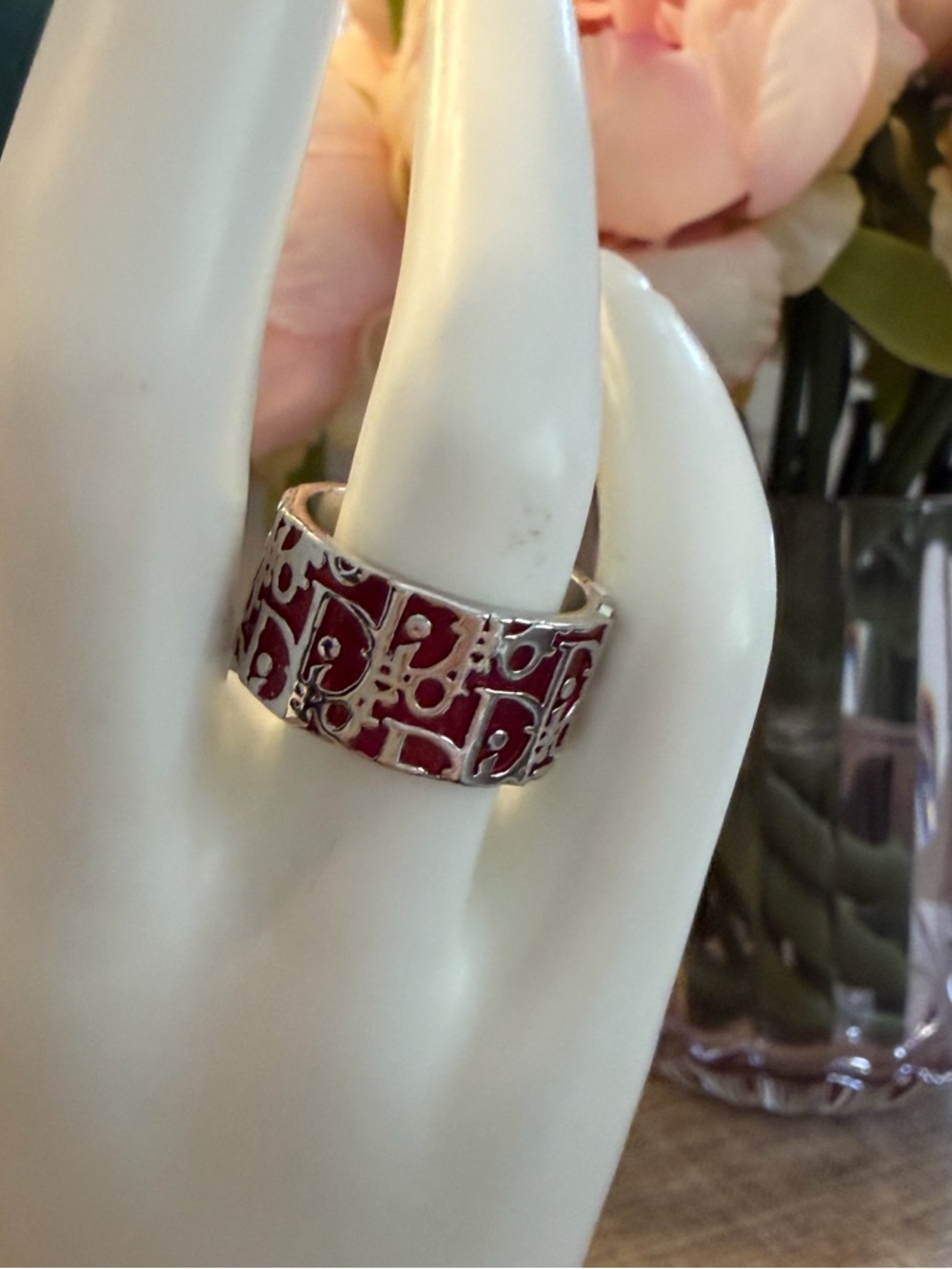 Dior vintage Silver and Red Patterned Women's Statement Ring cuff ring 6